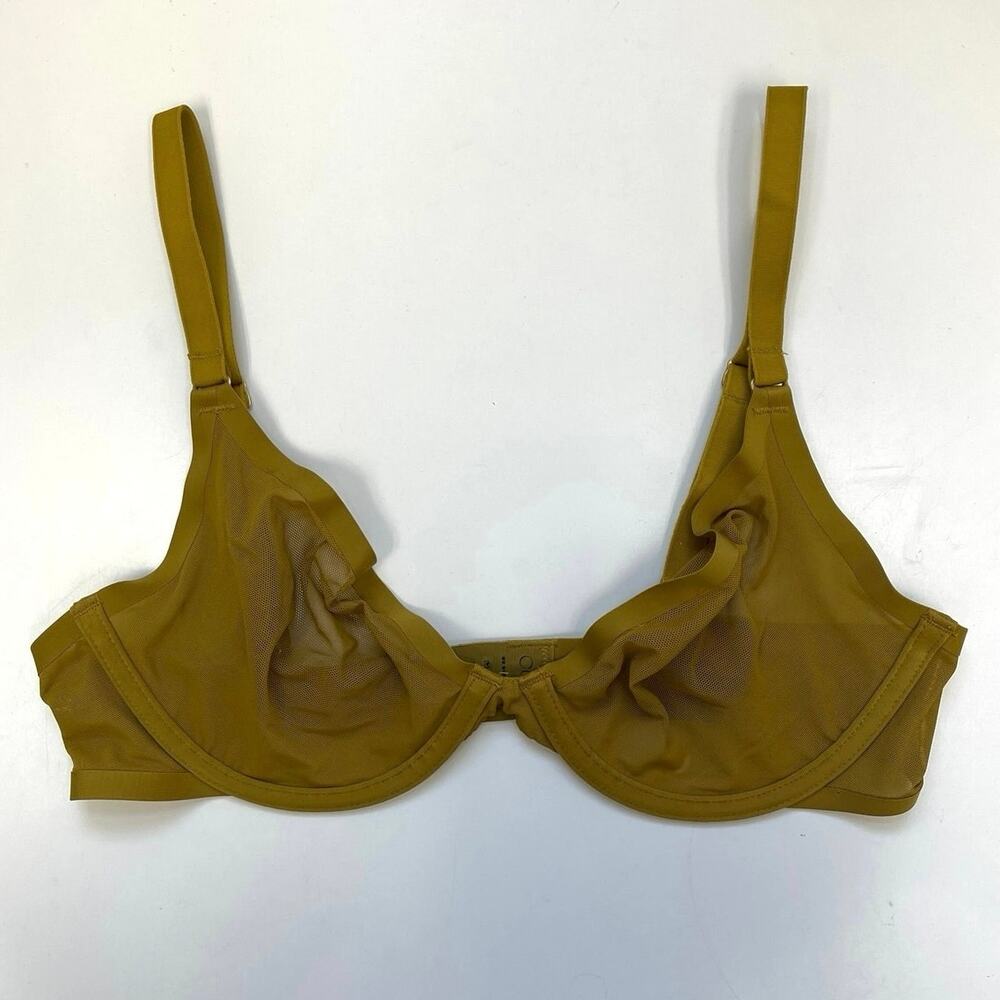 CUUP The Plunge Mesh Underwire Unlined Sheer Bra Back Closure Sun Mustard 32C
